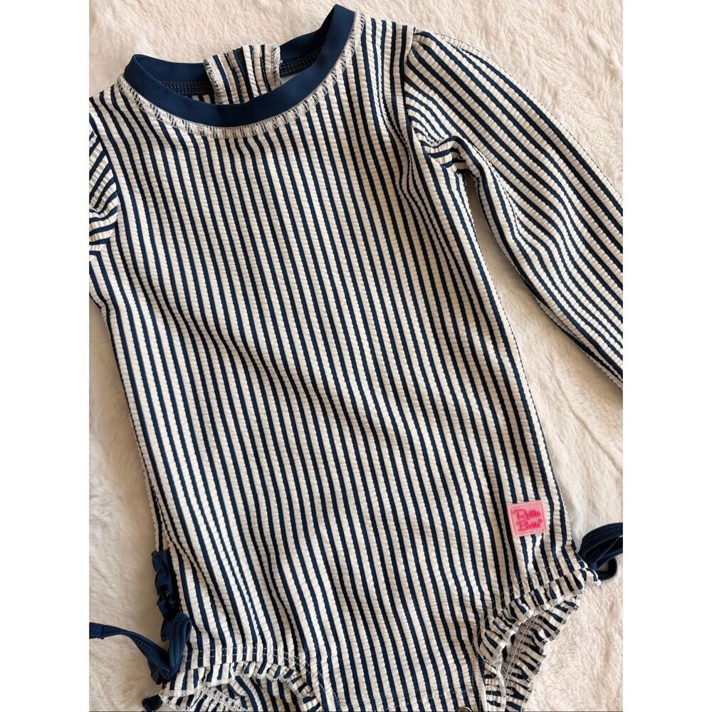 Ruffle butts baby girl  striped blue and white swim size 12-18 Months
